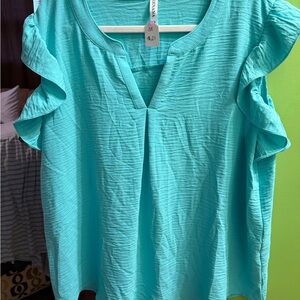 Zenana Outfitters Teal Ruffle Sleeve Split V-Neck Blouse